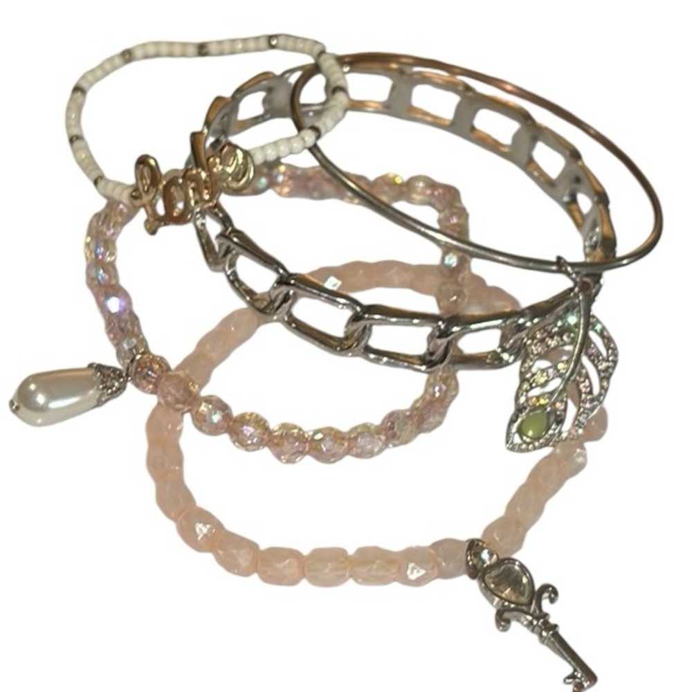 Five layer bracelets light pink, silver, white, love, leaf, key, pearl charms